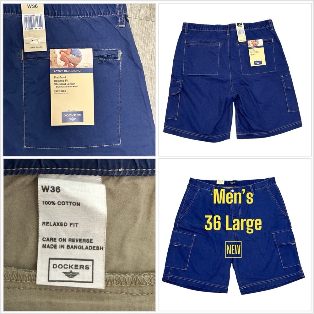 Men's Dockers 36 Large Shorts Navy Blue Cargo Utility Side Elastic Casual NWT